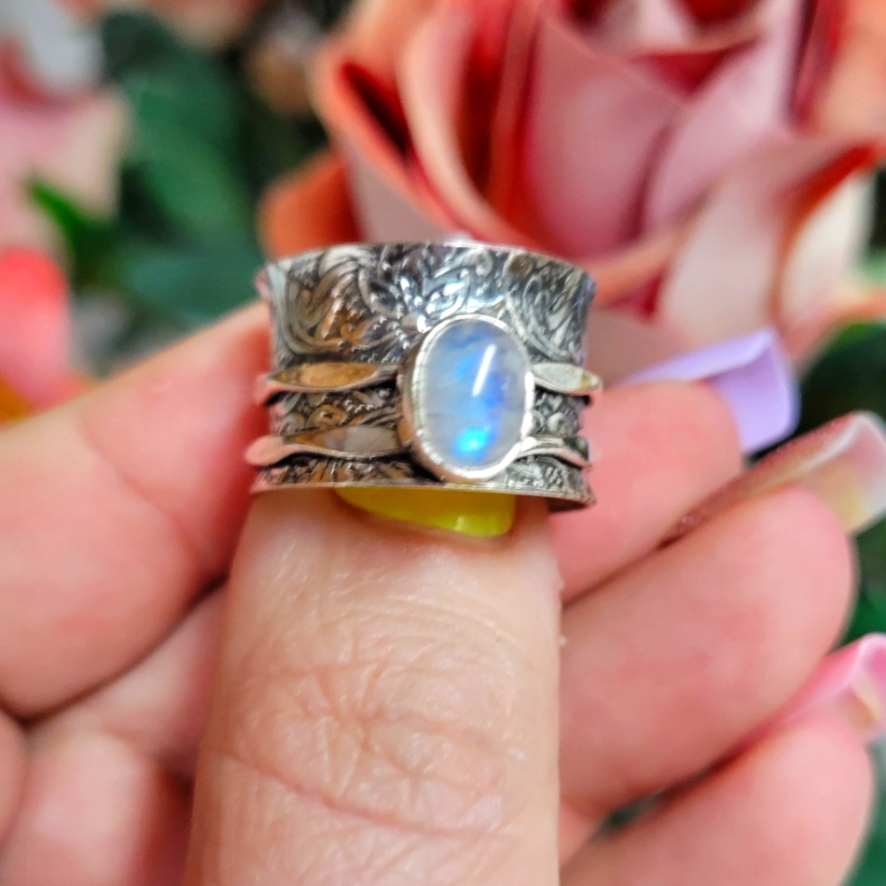 HANDMADE GENUINE MOONSTONE SPINNER RING .925 - Picture 1 of 3